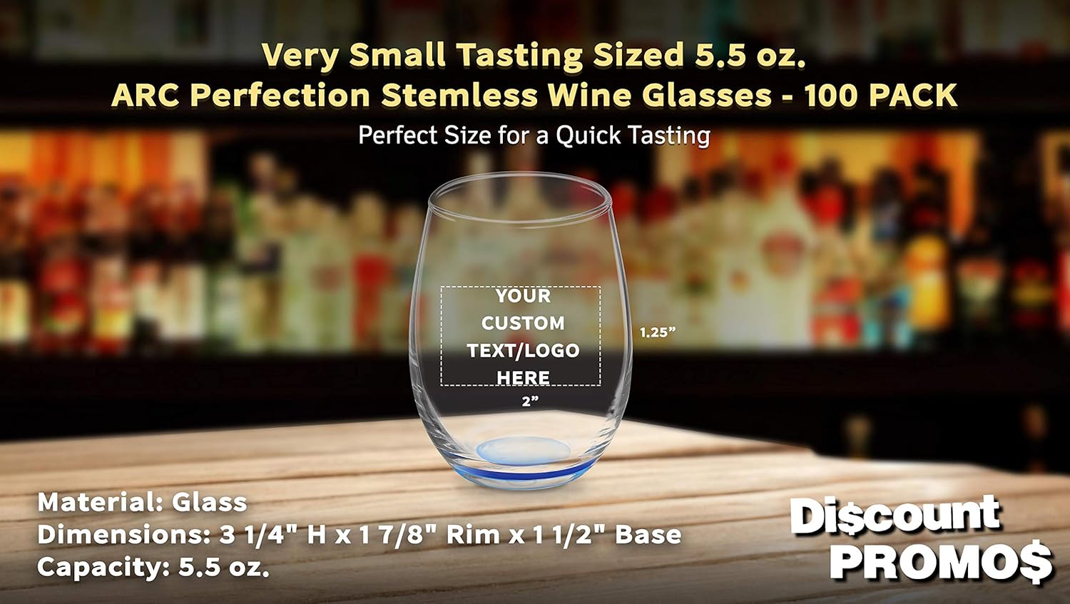 Custom Stemless Wine Glasses by ARC 5.5 oz. Set of 100, Personalized Bulk Pack - Perfect for Hotel, Bar, Restaurant or Lounge - Blue