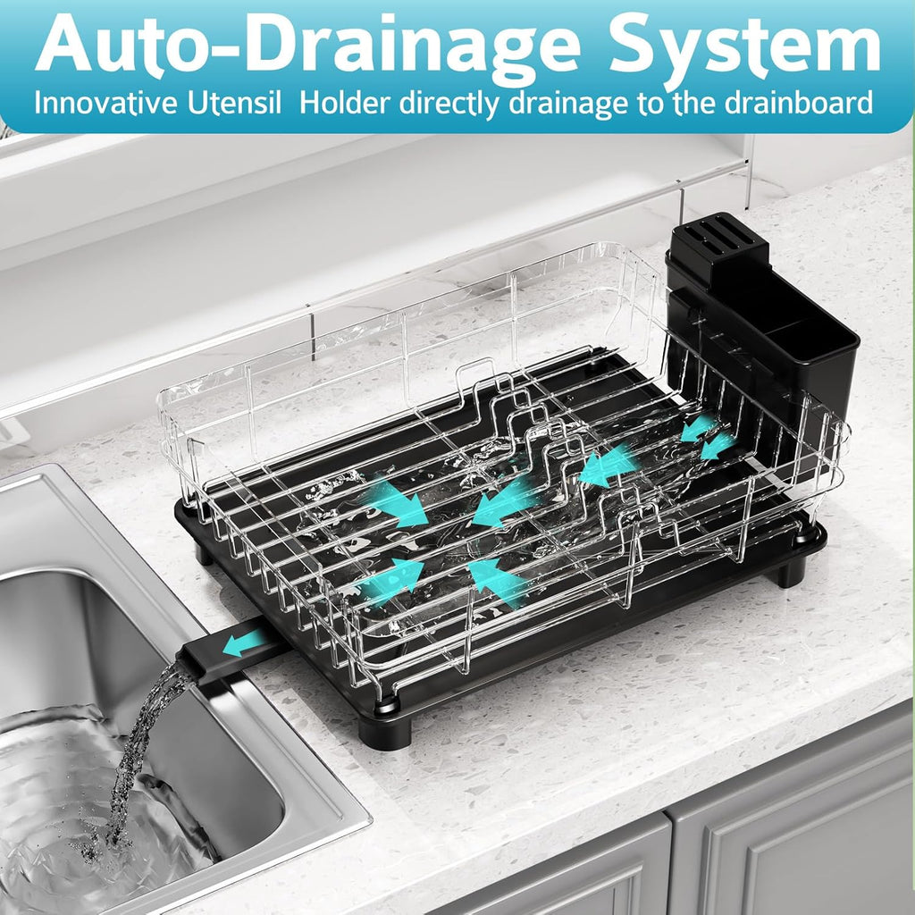 Dish Drying Rack - Space Saving Dish Rack - Dish Racks for Kitchen Counter with Drainboard,Rustproof Dish Drainer with Removable Utensil Holder,Black