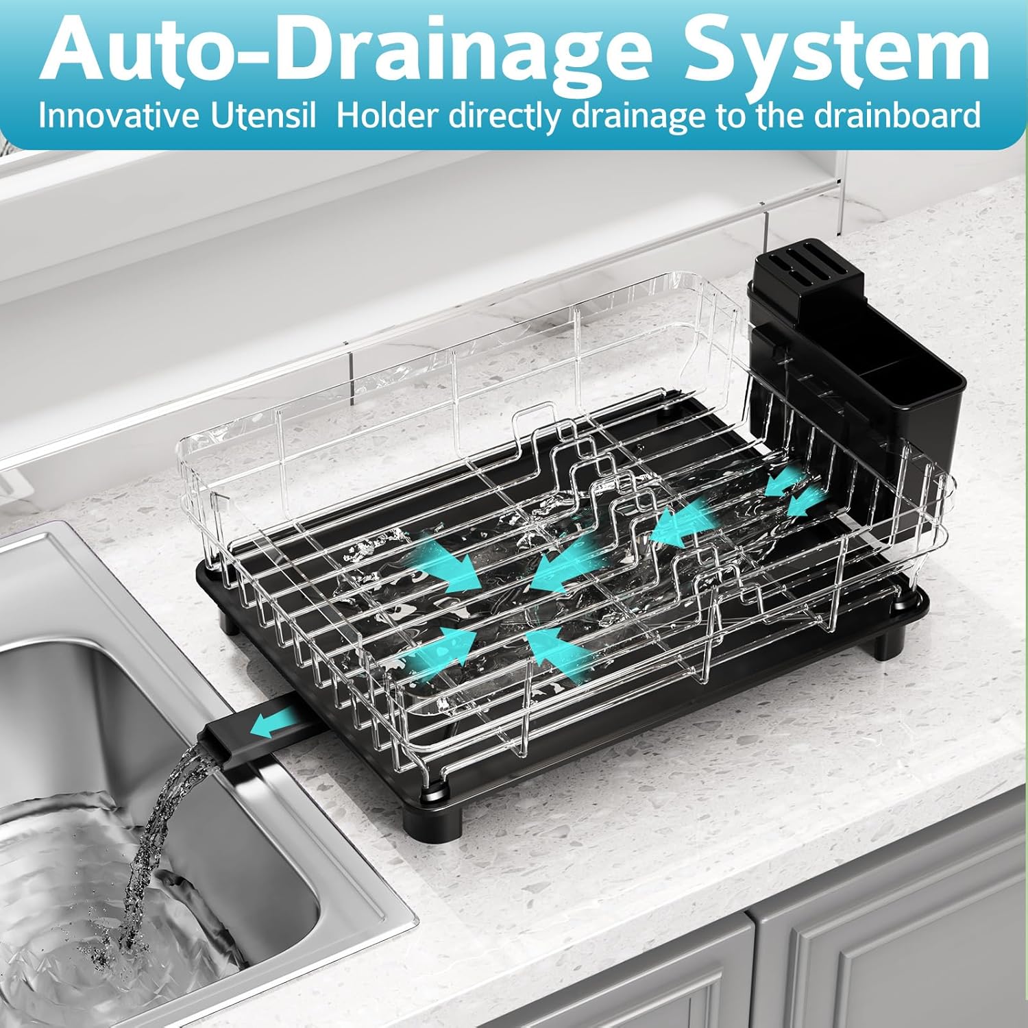 Dish Drying Rack - Space Saving Dish Rack - Dish Racks for Kitchen Counter with Drainboard,Rustproof Dish Drainer with Removable Utensil Holder,Black