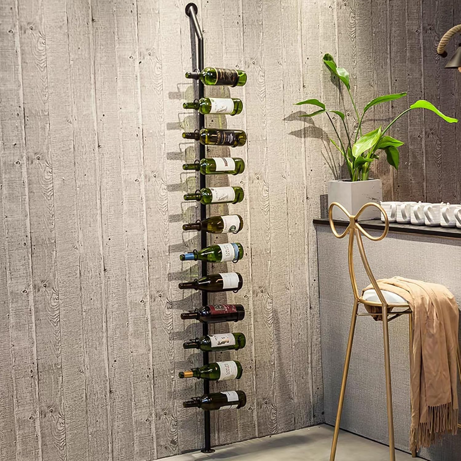 Wine Rack Wall Mounted, 72.8in High Metal Wine Bottle Holder for 12 Bottles, Kitchen Organization and Wine Storage for Commercial Restaurants Pantry Bar Wine Cellar (Gold, One row-12 Bottles)