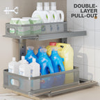 1 Pack 15.5IN-Depth Under Sink Organizer With Next-Gen Ball-Bearing Slides,2-Tier Precision Mesh Pull Out Cabinet Storage for Bathroom&Kitchen,Height Adjustable Drawers Shelf,Anti-rust-Grey