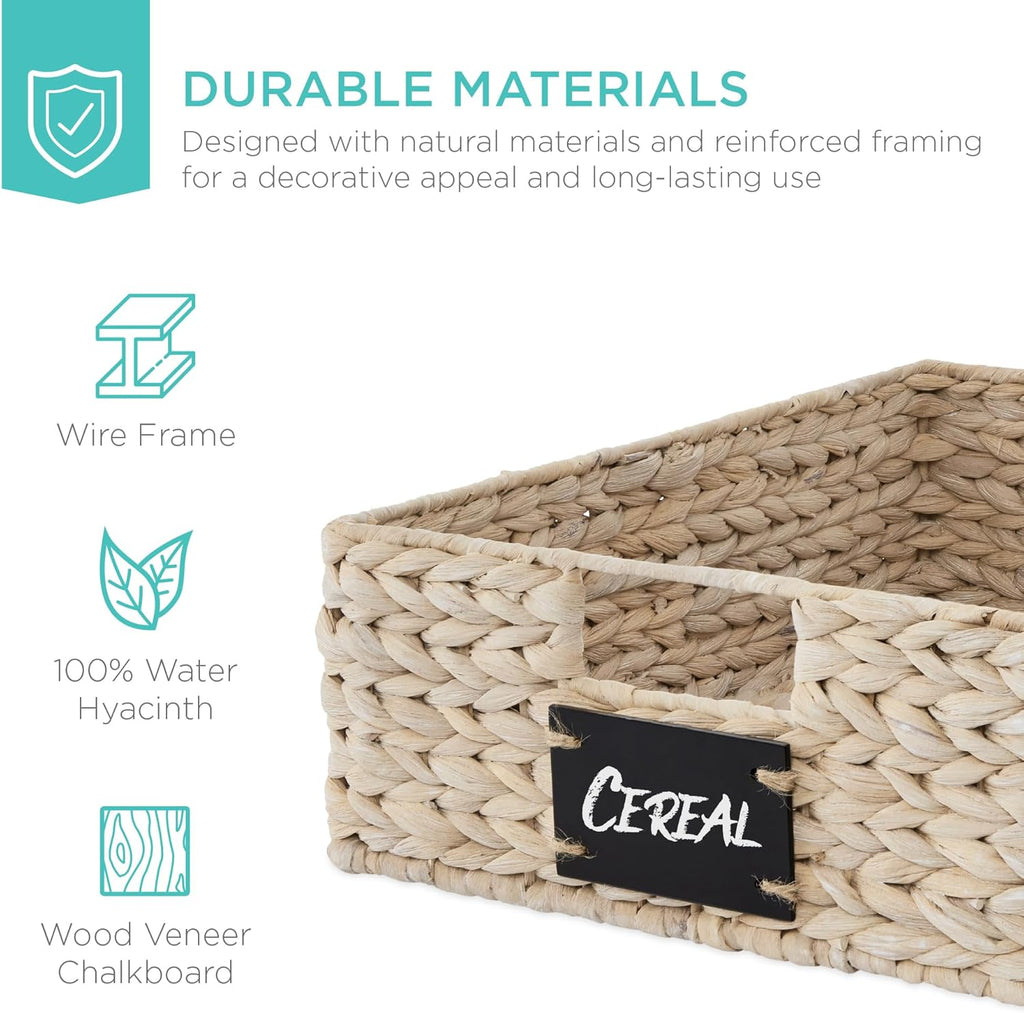 Best Choice Products Set of 4 16x12in Large Water Hyacinth Pantry Baskets, Woven Organizers w/Chalkboard Label, Chalk Marker - White