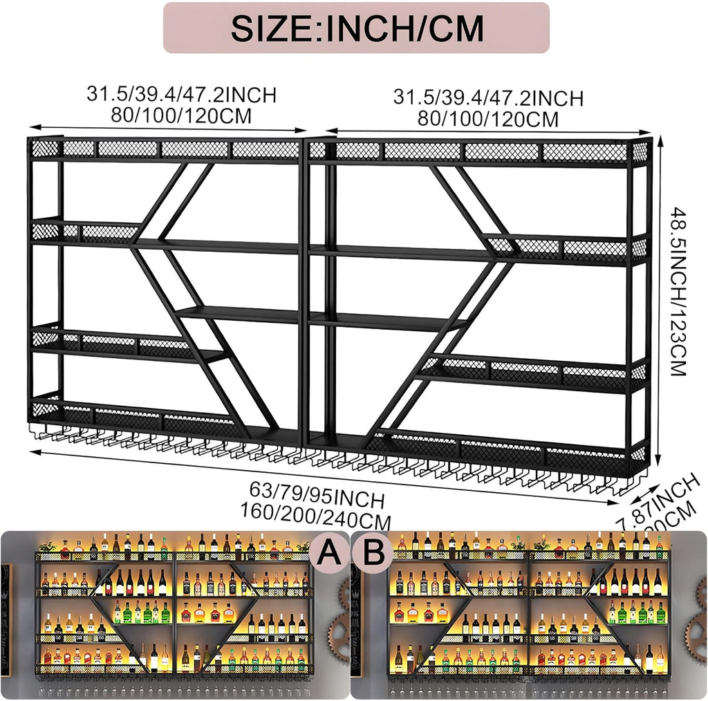 94.48in Metal Wine Rack Wall Mounted, Modern Wine Storage Rack Wall Mounted with Wine Glass Holder, Liquor Shelf, Bar Shelves for Liquor Bottles (4 Tiers Black, 94.48 * 7.87 * 33.85INCH)