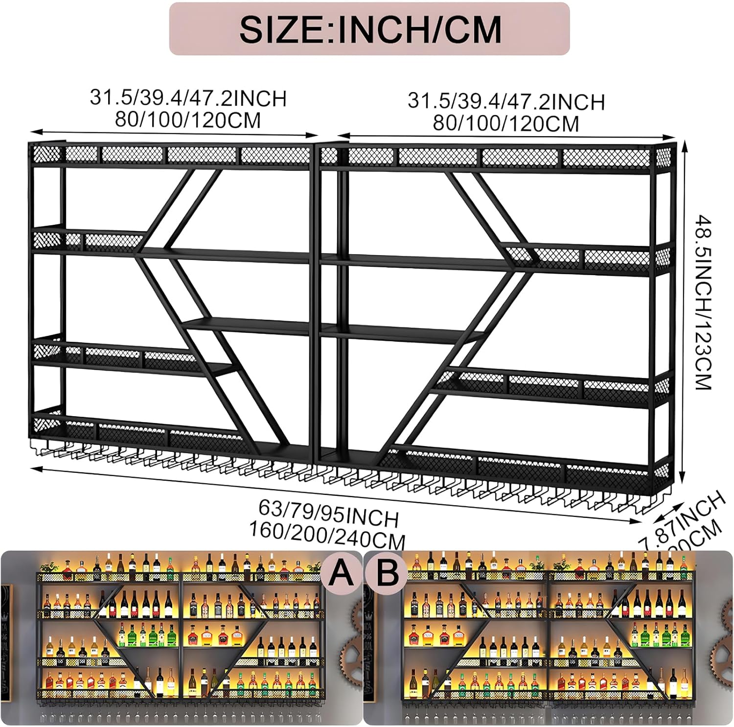 94.48in Metal Wine Rack Wall Mounted, Modern Wine Storage Rack Wall Mounted with Wine Glass Holder, Liquor Shelf, Bar Shelves for Liquor Bottles (4 Tiers Gold, 94.48 * 7.87 * 33.85INCH)