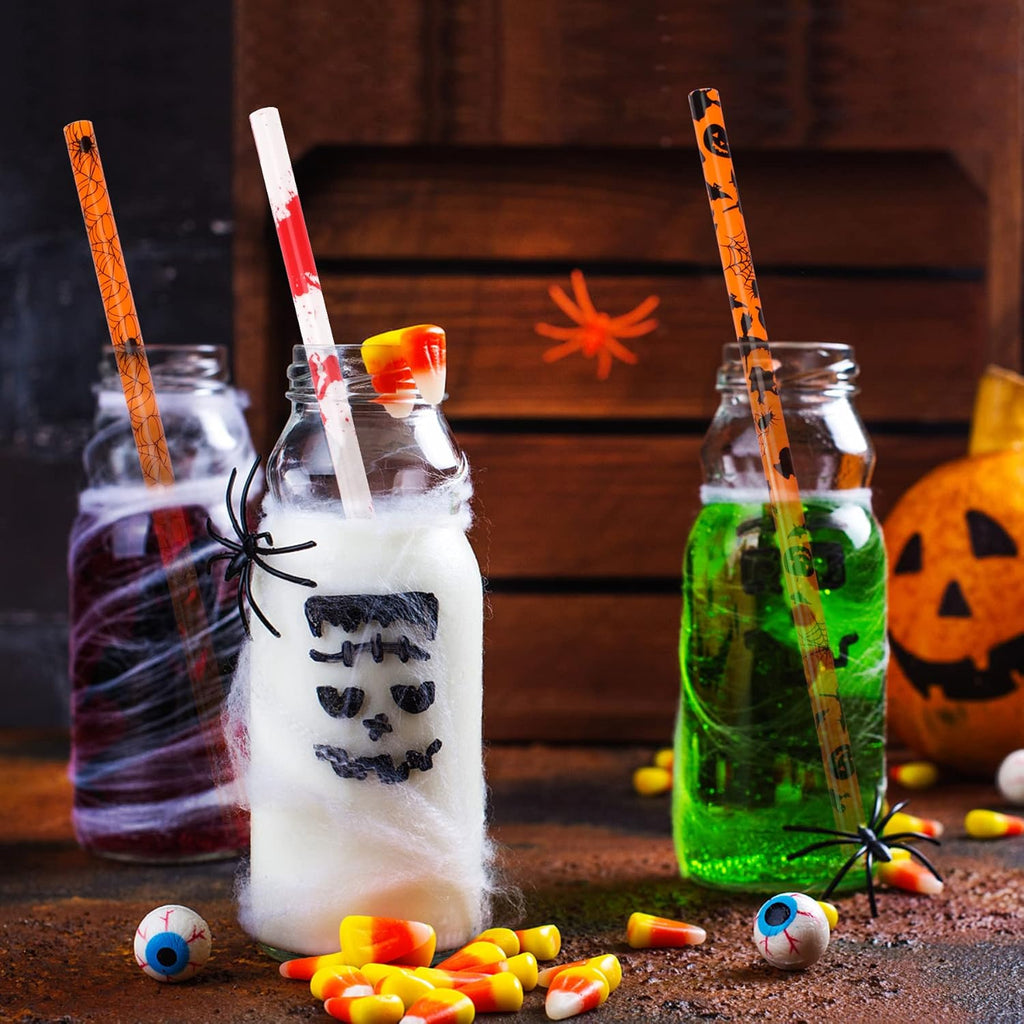 JANYUN 30 Pcs Halloween Reusable Straws 9inch Pumpkin Bat Skeleton Spider Printing Hard Plastic Drinking Straw for Mason Jar Tumbler Family Party Favors Cleaning Brush