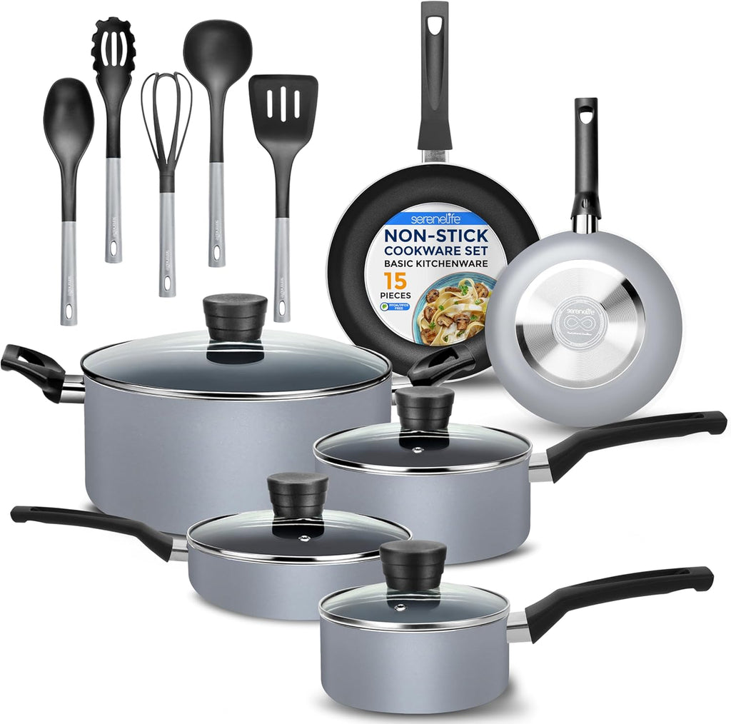 SereneLife Kitchenware Pots & Pans Basic Kitchen Cookware, Black Non-Stick Coating Inside, Heat Resistang Lacquer (11 Piece set), One Size, Gray