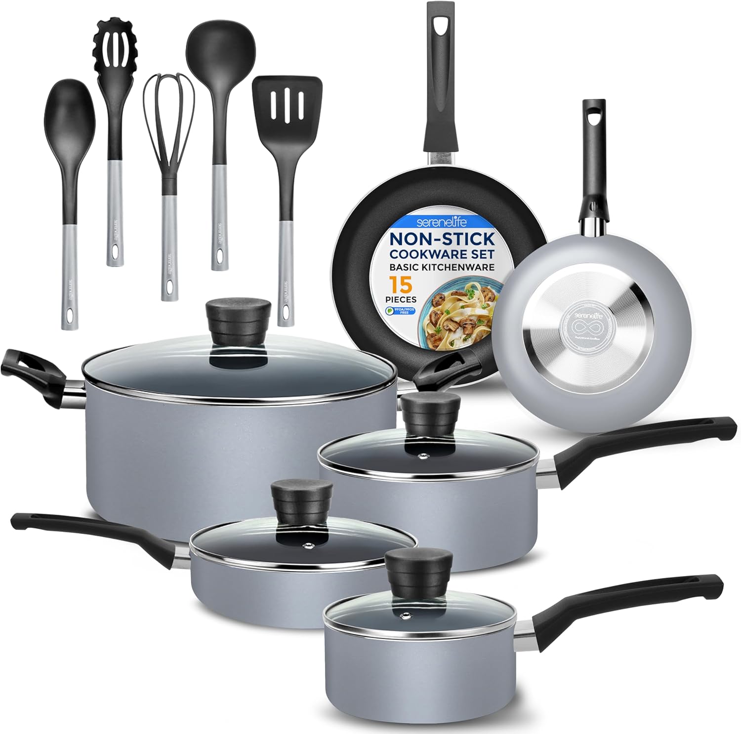 SereneLife Kitchenware Pots & Pans Basic Kitchen Cookware, Black Non-Stick Coating Inside, Heat Resistang Lacquer (11 Piece set), One Size, Gray