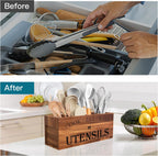 Suli Acacia Wood Utensil Holder for Kitchen Counter,Extra Large Utensils Holder with 4 Compartments,Caddy Organizer for Countertop, Farmhouse Kitchen Decor, Rustic Cooking Utensil