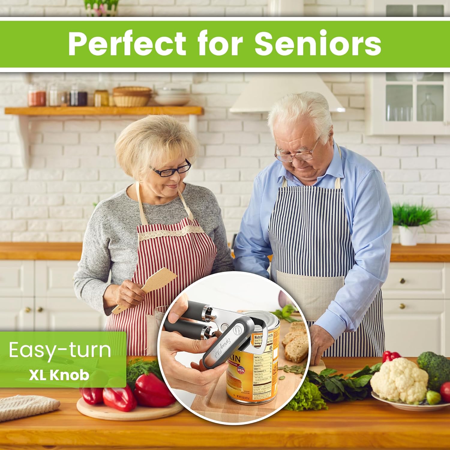 Spring Chef Stainless Steel Can Opener - Manual with Soft Grip Handles, Easy Turn, Heavy Duty Hand Can Openers for Seniors with Smooth Edge - Magnetic Lid Remover - Gray