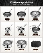 Pots and Pans Set Hybrid Stainless Steel, 17PC Nonstick Tri-Ply Cookware Set w/Frying pan, Dishwasher & Oven Safe, PFOA-Free, Metal Utensil Safe, Suitable for All Cooktops