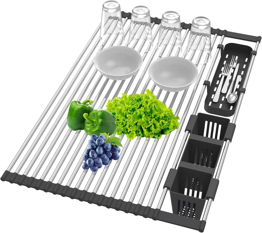 Extra Large Black Expandable Roll Up Dish Drying Rack Up to 22.8''with 2 Storage Baskets,Over The Sink Kitchen Rolling up Dish Drainer Dish Drying Rack in Sink, Foldable,Rollable,for Kitchen Dishes