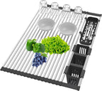 Extra Large Black Expandable Roll Up Dish Drying Rack Up to 22.8''with 2 Storage Baskets,Over The Sink Kitchen Rolling up Dish Drainer Dish Drying Rack in Sink, Foldable,Rollable,for Kitchen Dishes