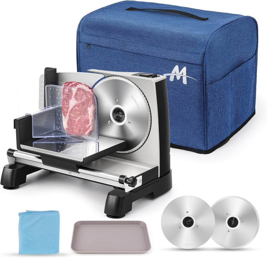 Moongiantgo Meat Slicer Electric with Removable 7.5’’ Blades Stainless Steel, 0-18mm Adjustable Thickness, Deli Food Slicer with Child Lock Protection for Meat, Fruit, Bread, Cheese, 110V