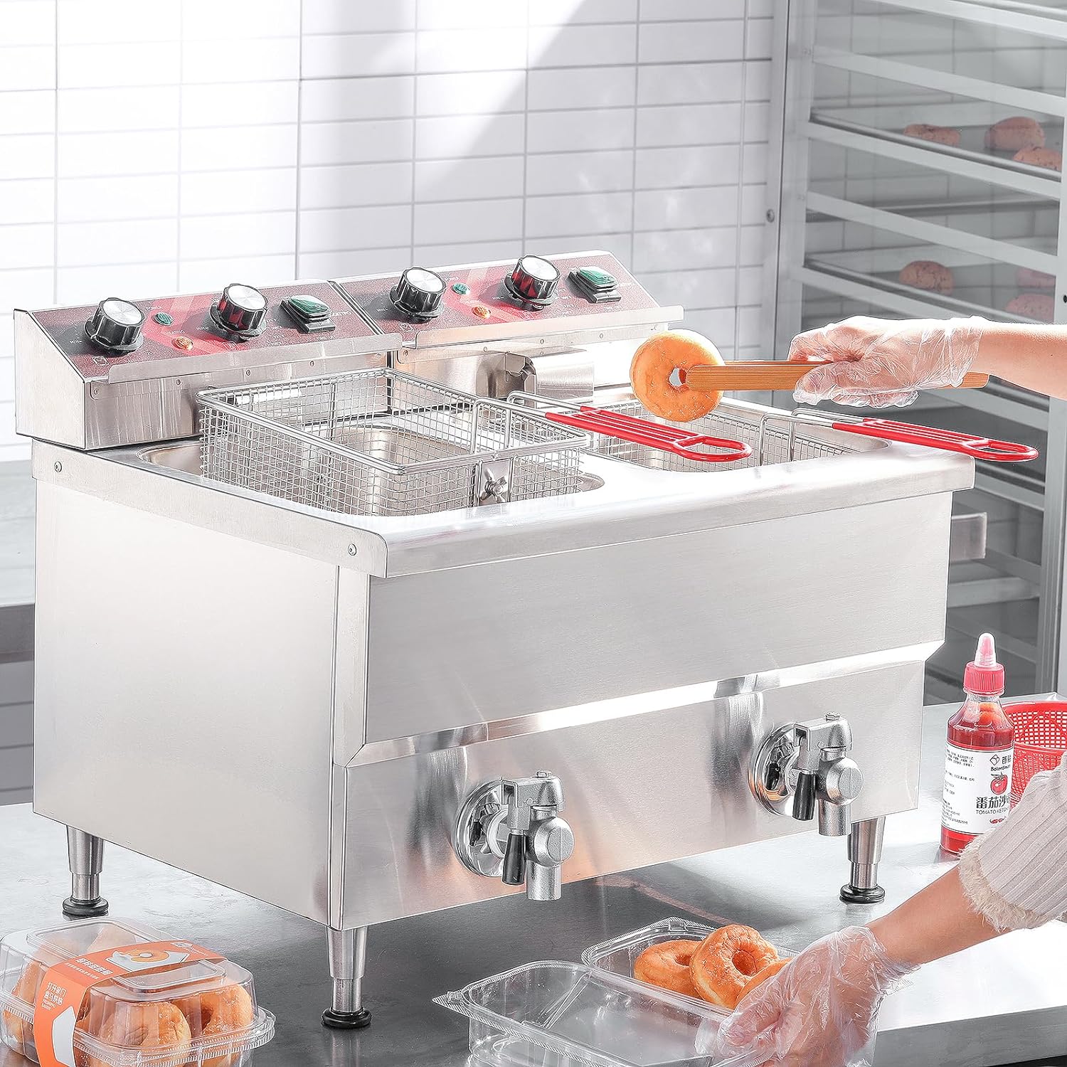 Commercial Fryer Stainless Steel Electric Deep Fryer with Oil Filtration and Timer 24L Large Capacity Dual Tank Fryer with Baskets and Lids Countertop Deep Fryer for Restaurant Use 120V 3500W