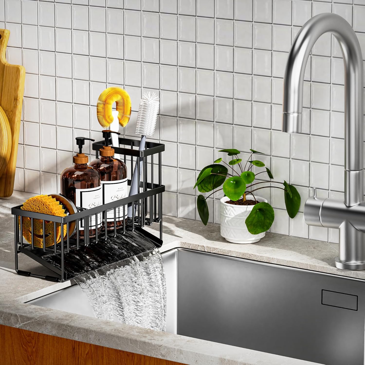 Cisily Extra Large Kitchen Sink Caddy Organzier with High Brush Holder, Sponge Holder for Sink, 304 Rustproof Stainless, Kitchen Countertop Soap Dispenser Organizer For Decor and Accessories