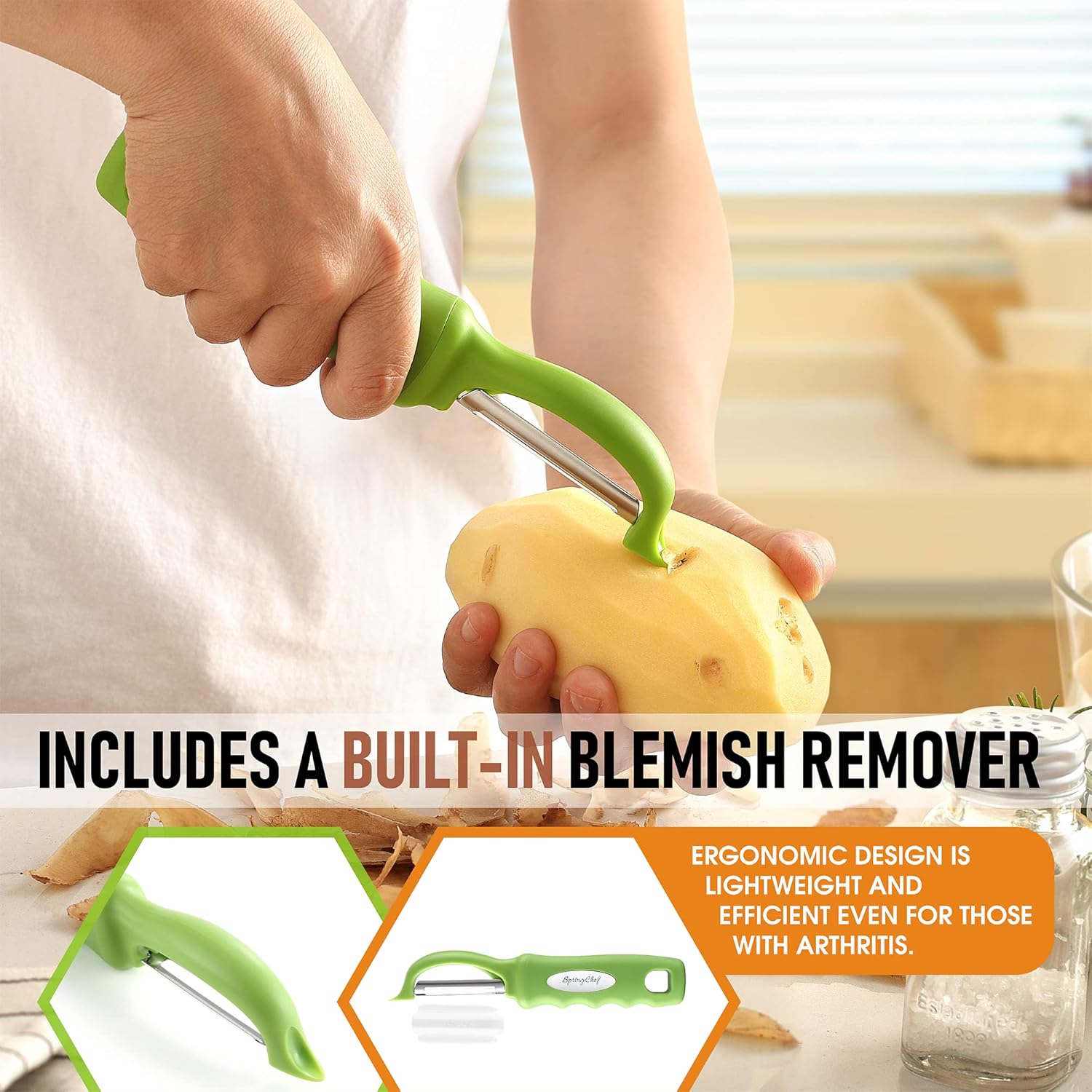 Spring Chef Premium Swivel Vegetable Peeler, Soft Grip Handle and Ultra Sharp Stainless Steel Blades - Perfect Kitchen Peeler For Veggie, Fruit, Potato, Carrot, Apple - Green