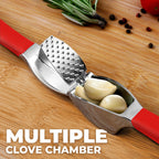 Zulay Kitchen Comfort Grip Garlic Press - Garlic Mincer Tool - Garlic Crusher - Garlic Press Mincer Rust Proof, with Soft Ergonomic Handle, Easy Clean Set with Peeler and Brush - Red