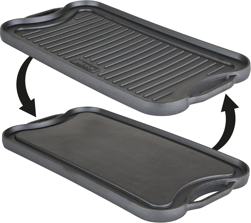 Viking Griddle, 20 Inch Reversible Cast Iron Grill Pan, Pre-Seasoned, Oven Safe, Hand Wash Only, Black