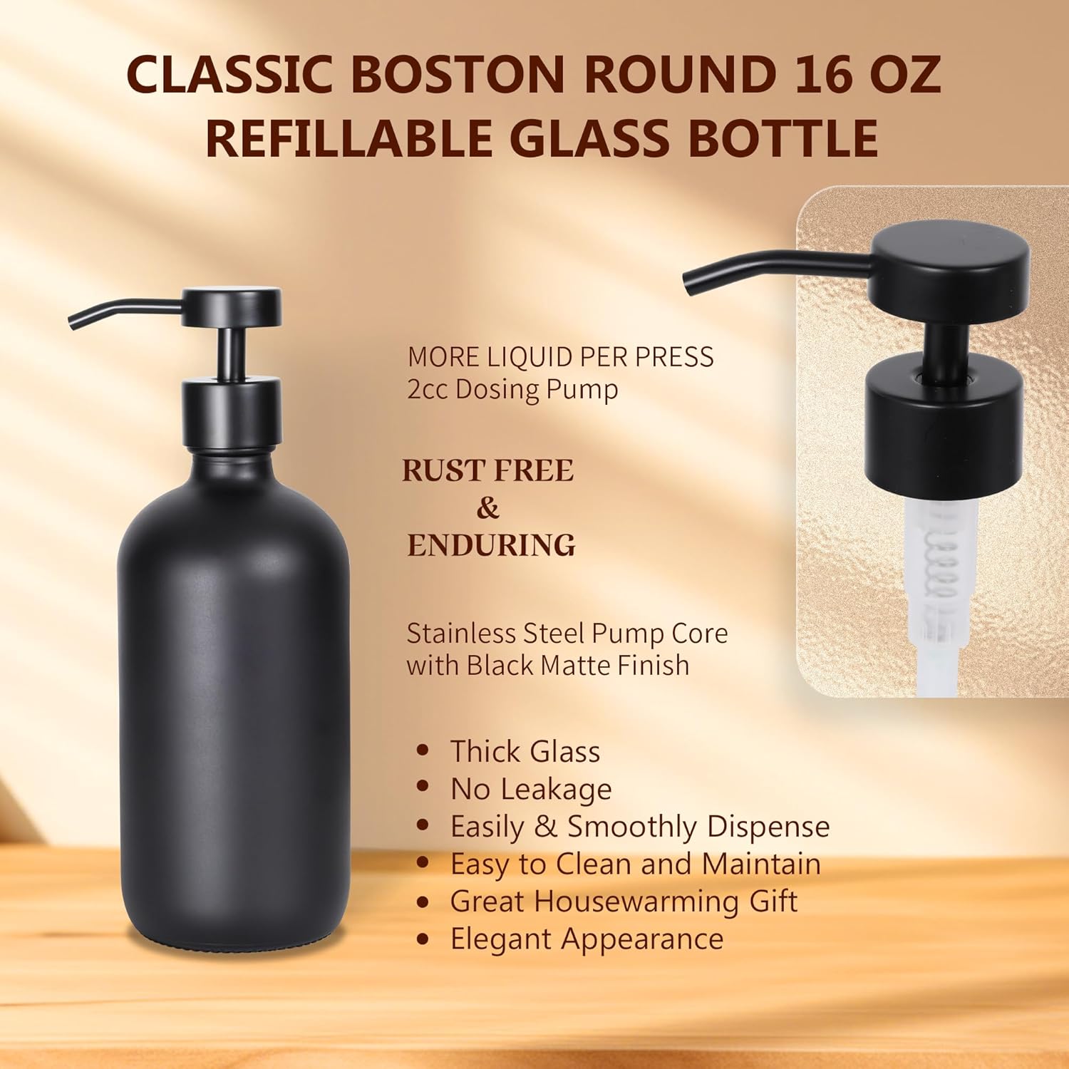 Set of 5 Kitchen Soap Dispenser Set 16 Oz Glass Hand Dish Soap Dispenser with Stainless Steel Pump, Cement Tray, Dish Scrub Brush for Farmhouse Rustic Home Bathroom Decor (Black)