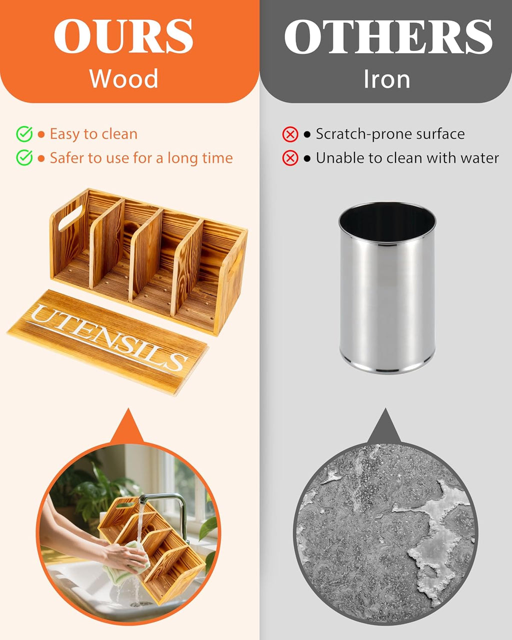 Kitchen Utensil Holder for Kitchen Counter Large Wooden Organizer for Cooking Utensils Utensil Holder Counter Farmhouse Décor (Farmhouse Wooden)