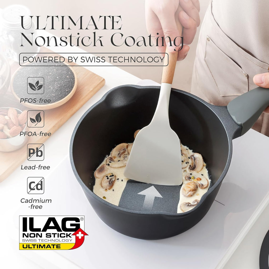 PRICUSIS Nonstick Saucepan with Lid, 2 Quart Non Toxic Pot with Pour Spouts, Full Coated, 100% Dishwasher Safe, Induction Compatible & Oven Safe, PTFE & PFOA Free, Black Sesame