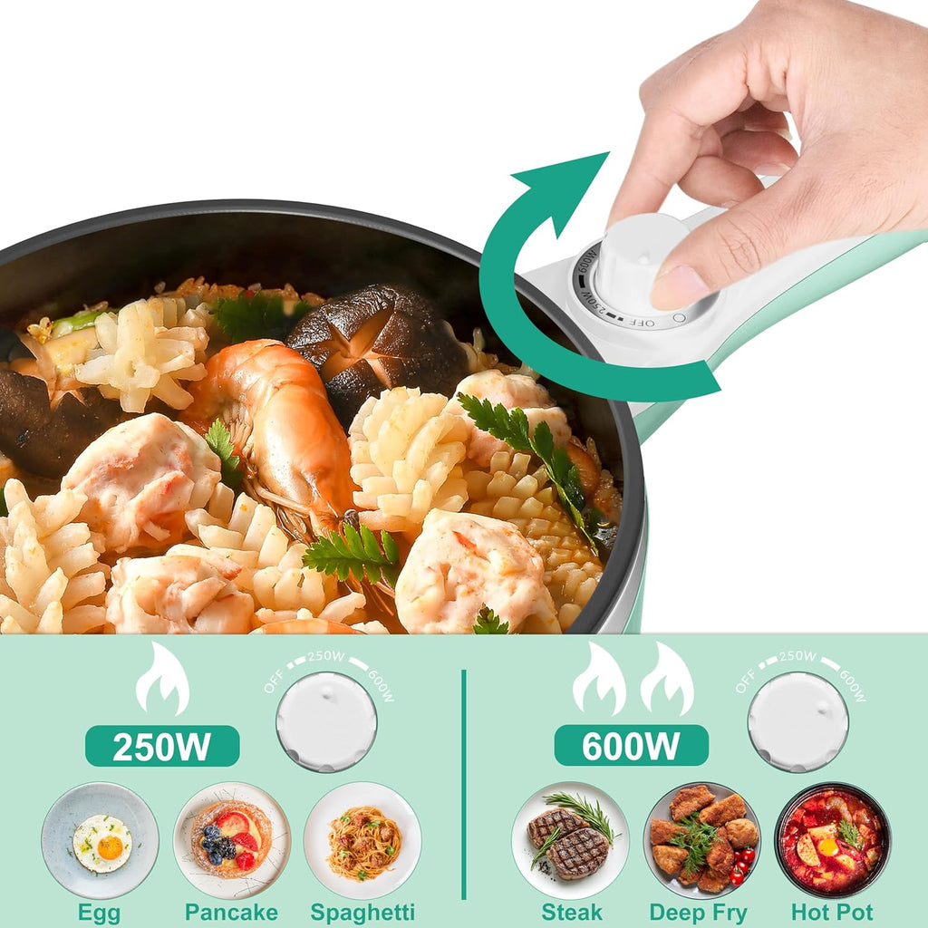 Dezin Hot Pot Electric with Steamer Upgraded, Non-Stick Sauté Pan, Rapid Noodles Electric Pot, 1.5L Mini Pot for Steak, Egg, Fried Rice, Ramen, Oatmeal, Soup with Power Adjustment