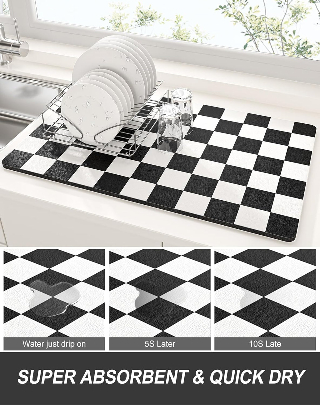 Rnivvi Dish Drying Mat for Kitchen Counter, XL 15 x 24" Cute Checkered Absorbent Draining Pad, Non-Slip Heat Resistant Coffee Bar Mat for Coffee Machine Station Accessories, Black White Dish Rack Pad