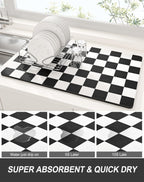Rnivvi Dish Drying Mat for Kitchen Counter, 12 x 19" Cute Checkered Absorbent Draining Pad, Non-Slip Heat Resistant Coffee Bar Mats for Coffee Machine Station Accessories, Black White Dish Rack Pad