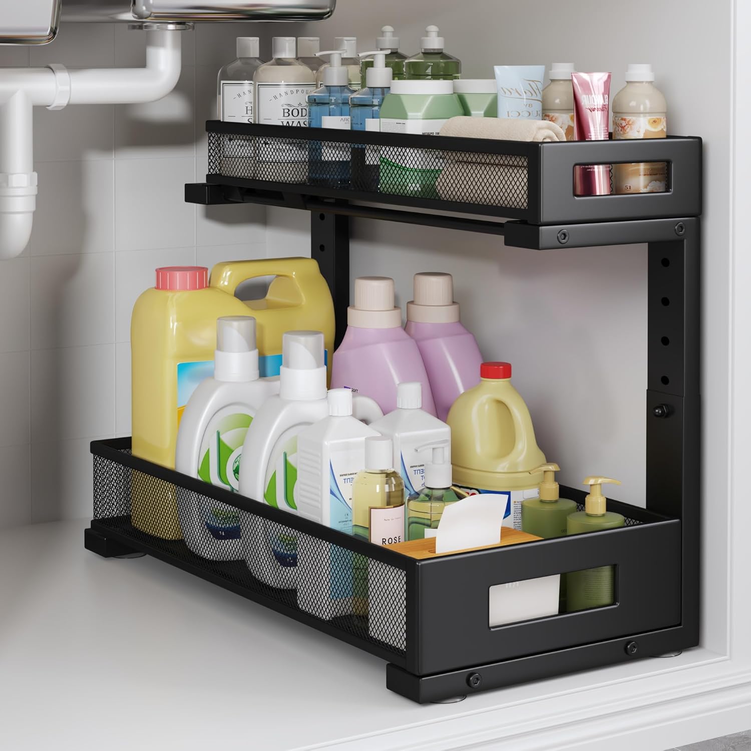 1 Pack 17IN Depth Under Sink Storage Organizer, Large 2-Tier Elegant Mesh Pull Out Shelf for Kitchen and Bathroom Cabinet Organization, L-Shaped and Adjustable Height Design-Black