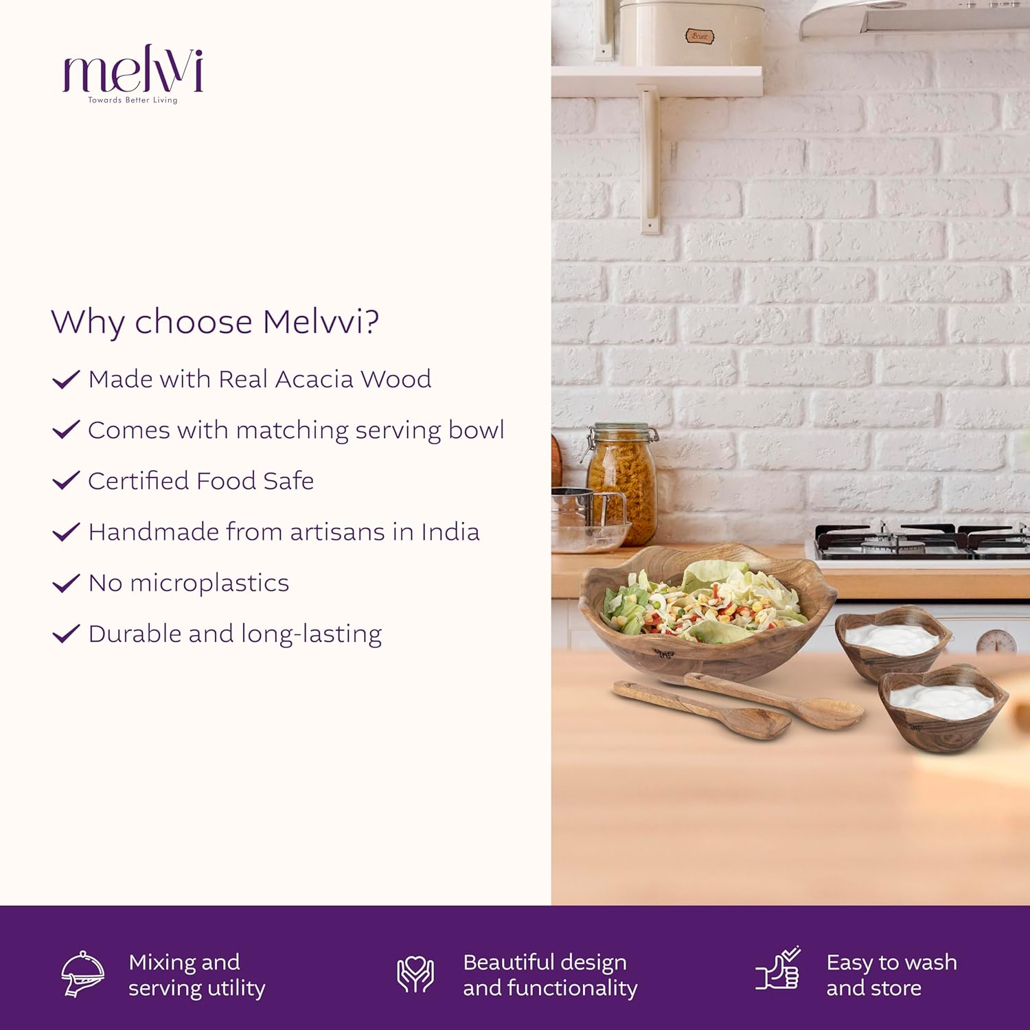 Melvvi Large Wooden Salad Bowl Set with 2 Small Bowls and 2 Serving Utensils | 12" & 6" Acacia Wood Bowls for Food | Great Gift for Kitchen & Dining (Natural Set of 5) (Natural Set of 5)