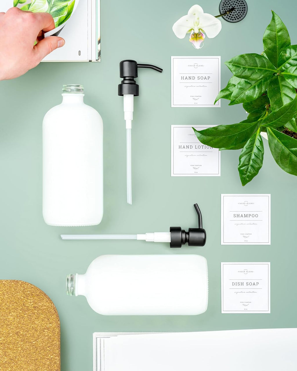 Vine Creations White Glass Soap Dispenser, 2 Pack Kitchen Soap Dispenser Set with Stainless Steel Pump, 16 oz Dish Soap and Hand Soap Dispensers for Bathroom with Waterproof Labels
