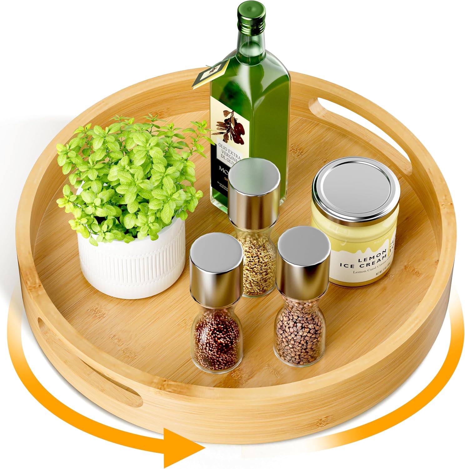 Lazy Susan Organizer Homerays 13 Inch Non-Skid Bamboo Lazy Susan for Kitchen Rotating Spice Rack with Handles, Wood Turntable for Kitchen Cabinet,Countertop (Bamboo, Large)