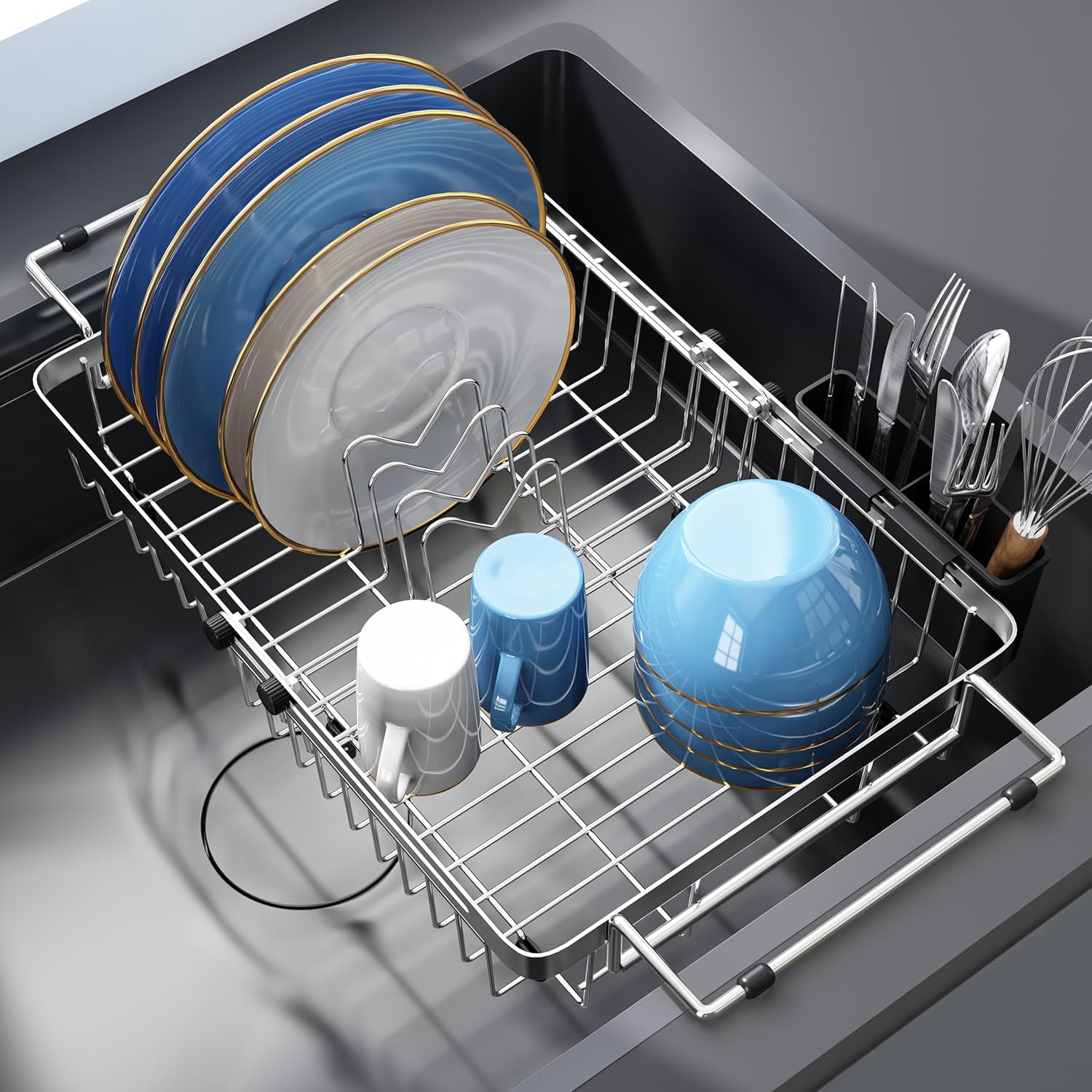 romision Expandable Dish Drying Rack Over The Sink Small Metal Stainless Steel Plate Holder for Compact Kitchen, Space Saving Modern Silver Hanging Drainer