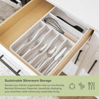 KitchenEdge Silverware Organizer - Cutlery, Flatware, and Utensil Holder for Kitchen Drawers, Fixed 10.5” Width, 7 Storage Compartments, Non-Slip Feet, Rounded Corners, 100% Bamboo, White Finish