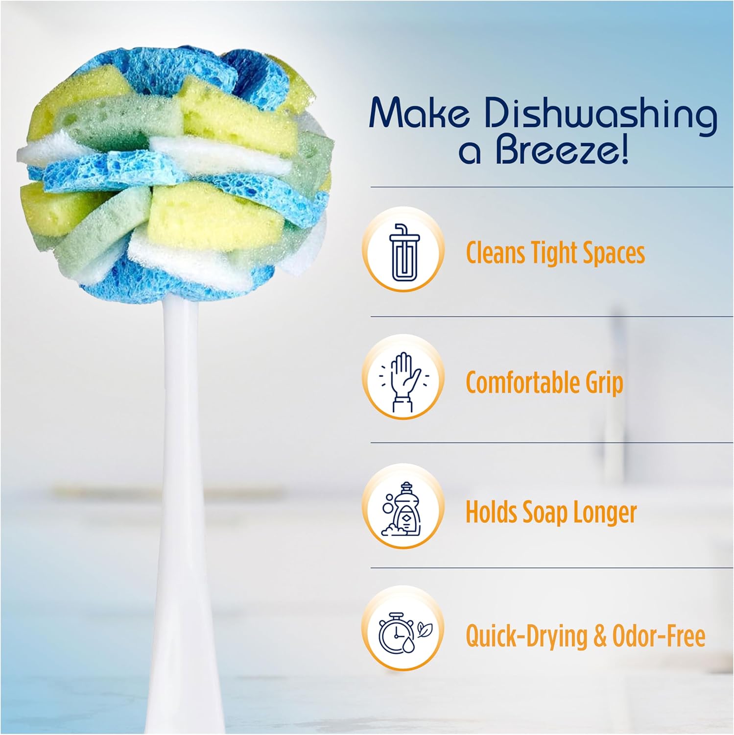 Compac Home Dish Wand Plus Cello, Foam & Scour Sponge Petals Brush and Clean Dishes, Pots, Bottles, & Glassware, 2 Count