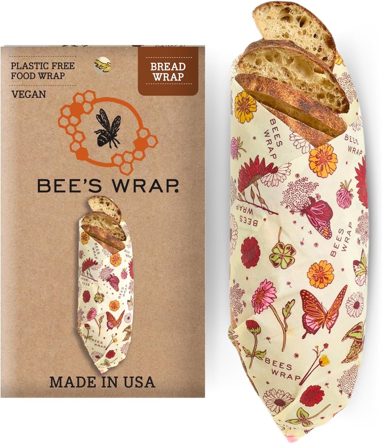 Bee's Wrap Vegan Beeswax Wraps for Food - Vegan Meadow Magic Bread Wrap - Made in USA Reusable Bread Storage Bags - Organic & Eco-Friendly Alternative to Aluminum Foil, Sourdough Bags & Plastic Wrap