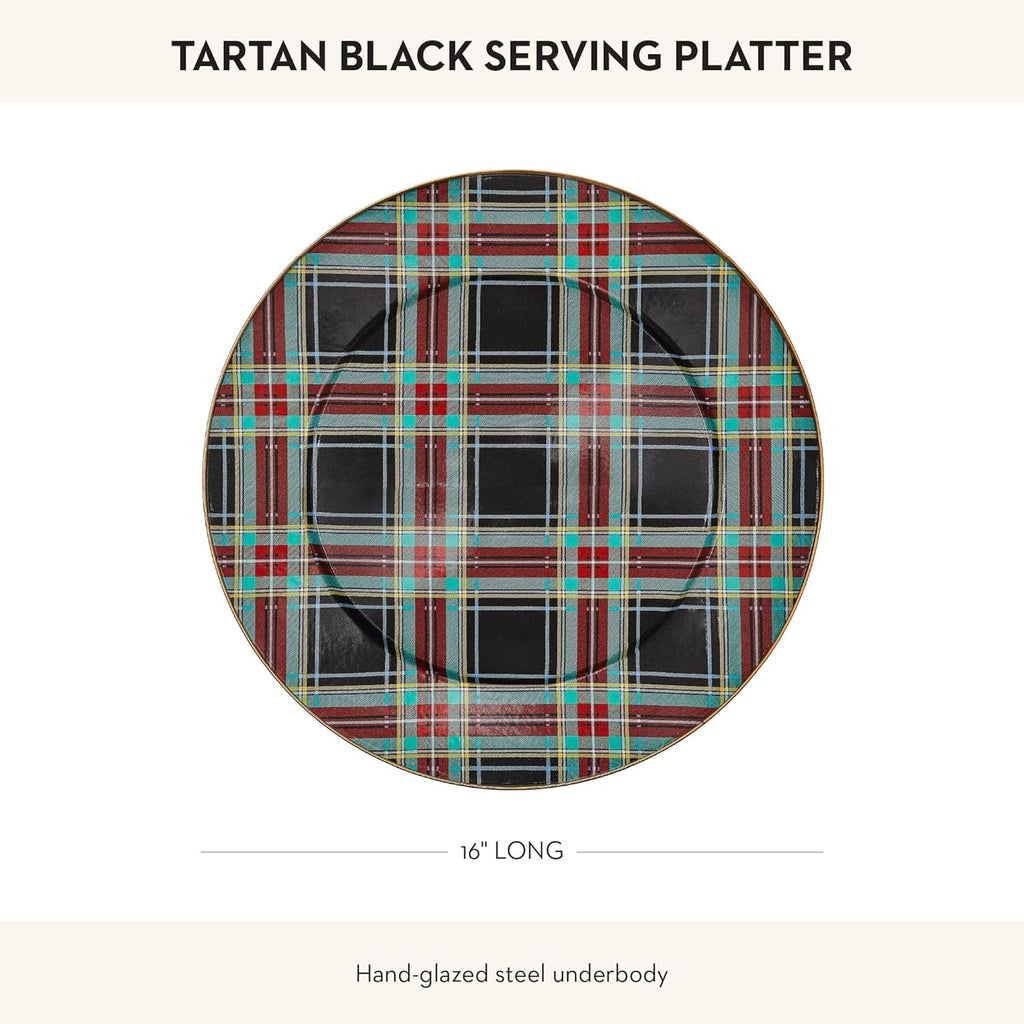 MACKENZIE-CHILDS Enamel Serving Platter, Decorative Serving Platter for Food, 16 Inches, Black Tartan