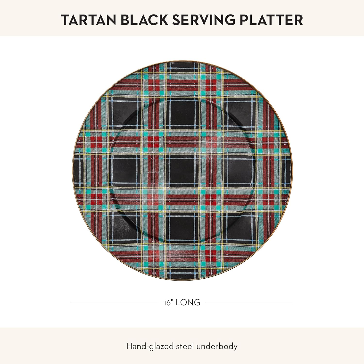 MACKENZIE-CHILDS Enamel Serving Platter, Decorative Serving Platter for Food, 16 Inches, Black Tartan