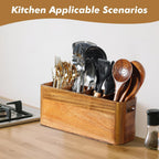 Kitchen Utensil Holder for Counter or Countertop, Extra Large Acacia Wood Organizer with 4 Compartments, Wooden Storage for Cooking and Silverware, Rustic Minimalist Decor, Sturdy Utensil Crock