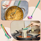 Patelai 2 Pcs Stainless Steel Pasta Spoon with Teeth Large Spaghetti Utensil, 9.4'' Tong and 13.6'' Pasta Fork with Vacuum Handle, Comfortable Grip Design Spoons for Kitchen(Colorful)