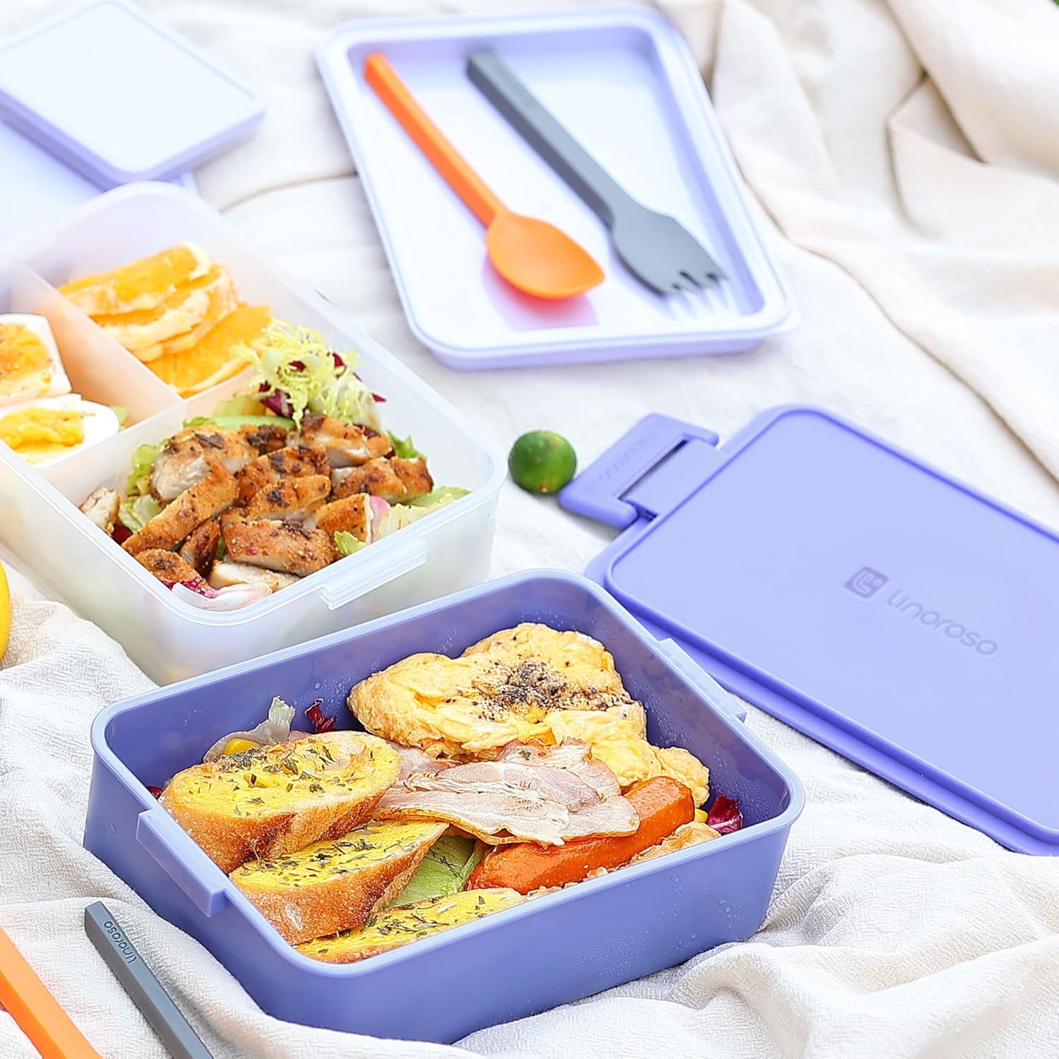 linoroso Stackable Bento Box Adult Lunch Box | Meet All You On-the-Go Needs for Food, Salad and Snack Box, Premium Bento Lunch Box for Adults Include Utensil Set, Dressing Containers - Veri Peri