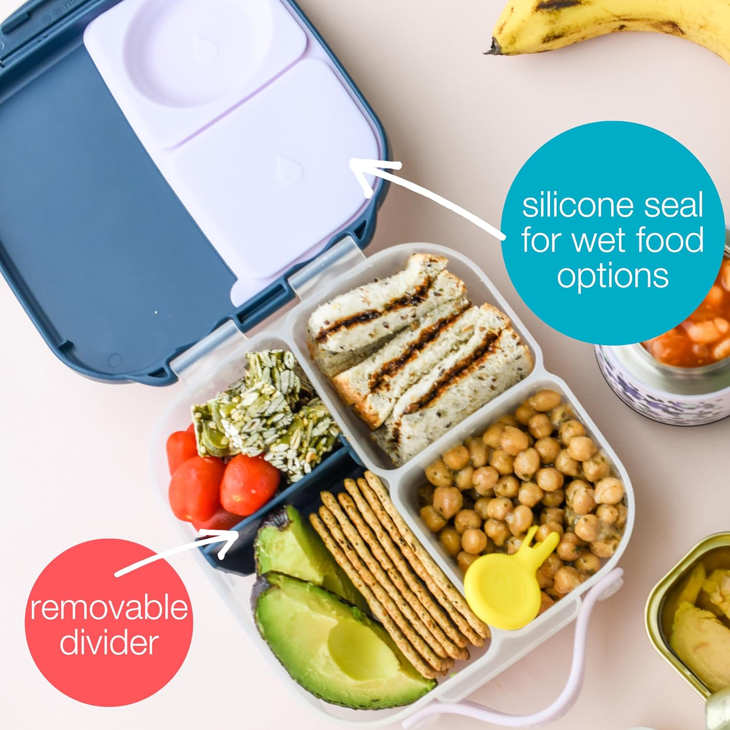 b.box Mini Lunch Box, Bento Box for Kids, Snack Container with 2 Leak Proof Compartments, Reusable Snack Containers with Lids, Kids Lunch Boxes Ages 3+, BPA Free, 4 1/4 Cup Capacity (Blue Slate)