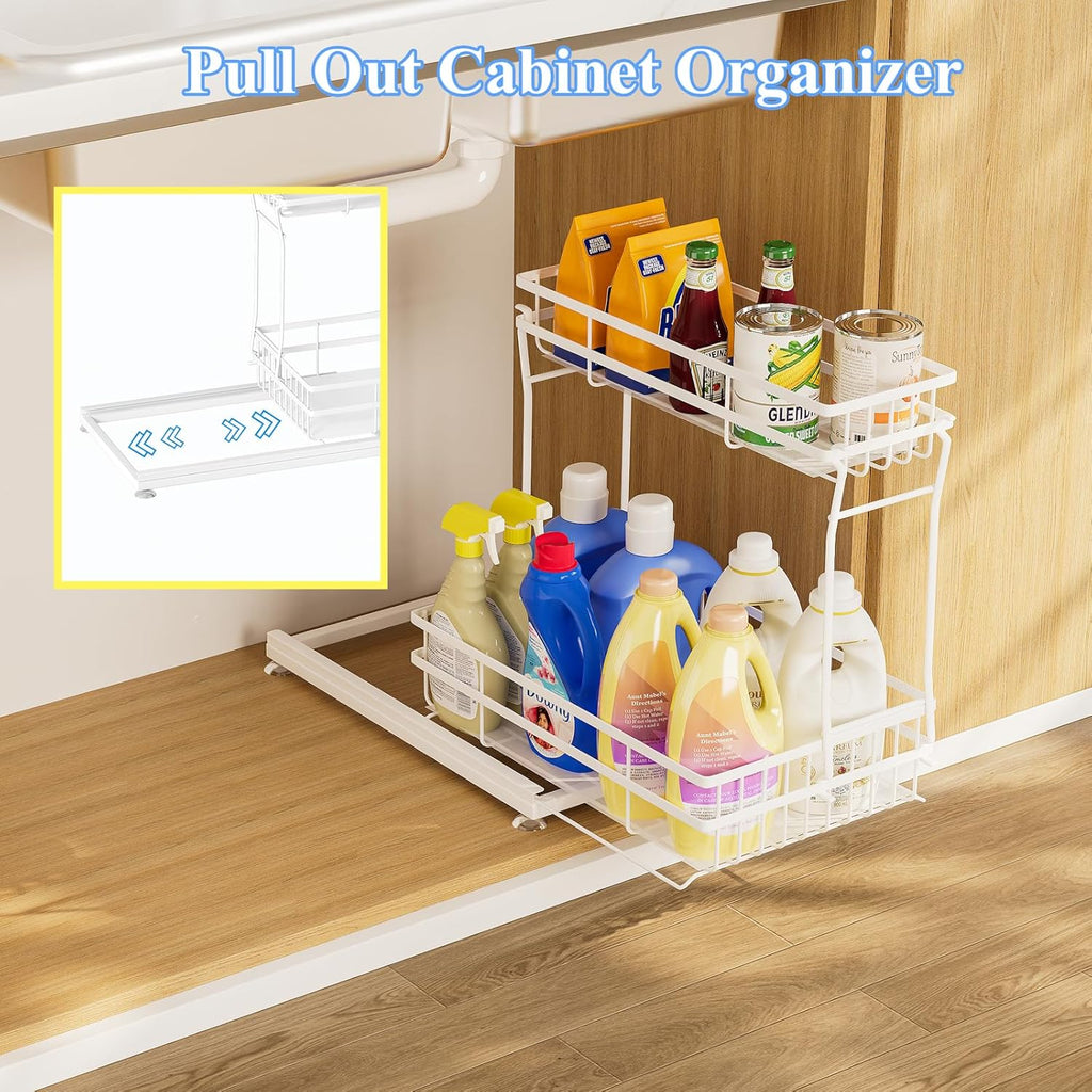 1 Pack Under Sink Organizers and Storage, 2 Tier Pull Out Cabinet Organizer, Metal Sliding Drawer Storage for Kitchen Bathroom，White