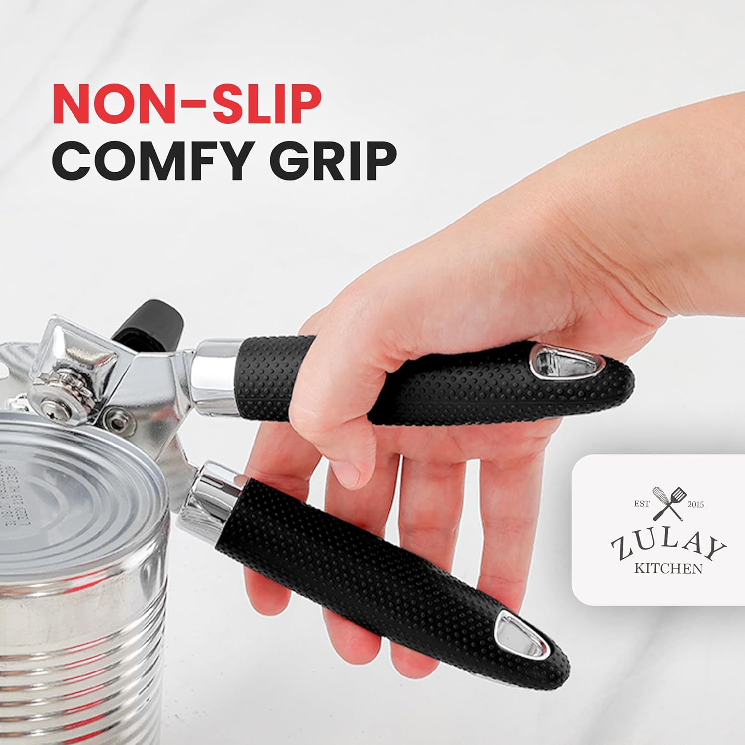 Zulay Kitchen Heavy Duty Stainless Steel Can Opener Manual with Large Bottle Opener - Manual Can Opener with Turn Knob with Soft Grip Handles - Black