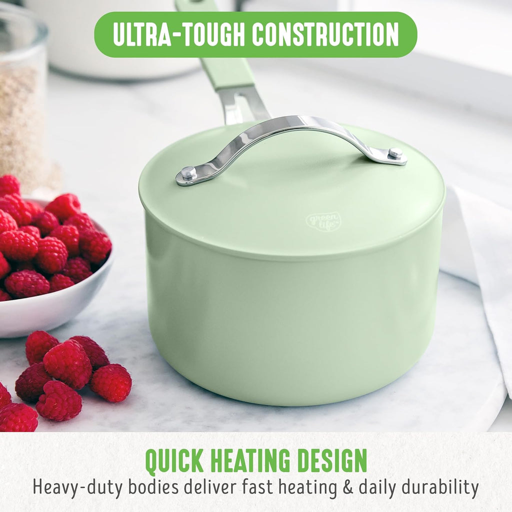 GreenLife 2 Quart Nonstick Saucepan with Lid, Lightweight Healthy PFAS-Free Milk Pan, Dishwasher & Oven Safe Soup Pan, Durable Body, Silicone Stay-Cool Handle, Easy Release Chef’s Pan, Sage Green