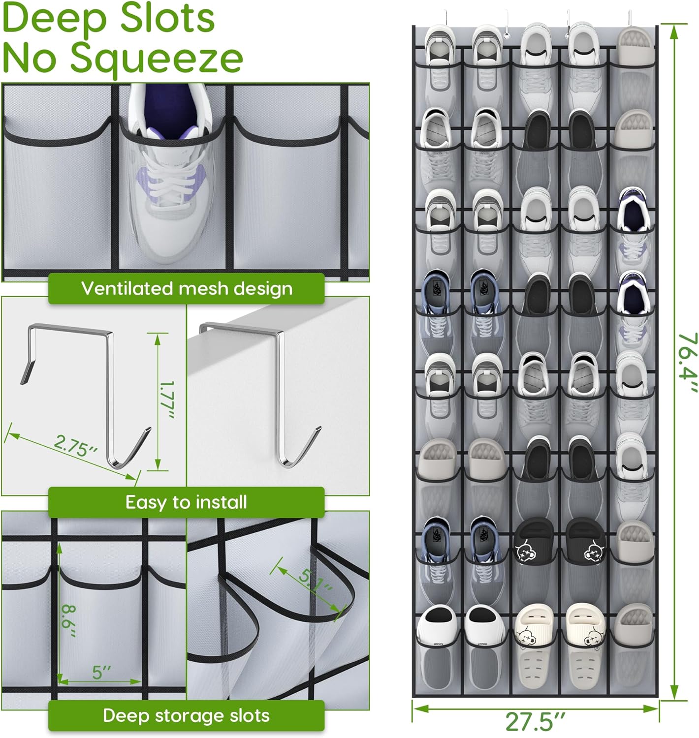 Unjumbly Over the Door Shoe Organizer with 40 Large Breathable Mesh Pockets, Space Saving Shoe Holder, Hanging Shoe Rack for Entryway Bedroom Closet Storage (Grey, 40 Pockets)