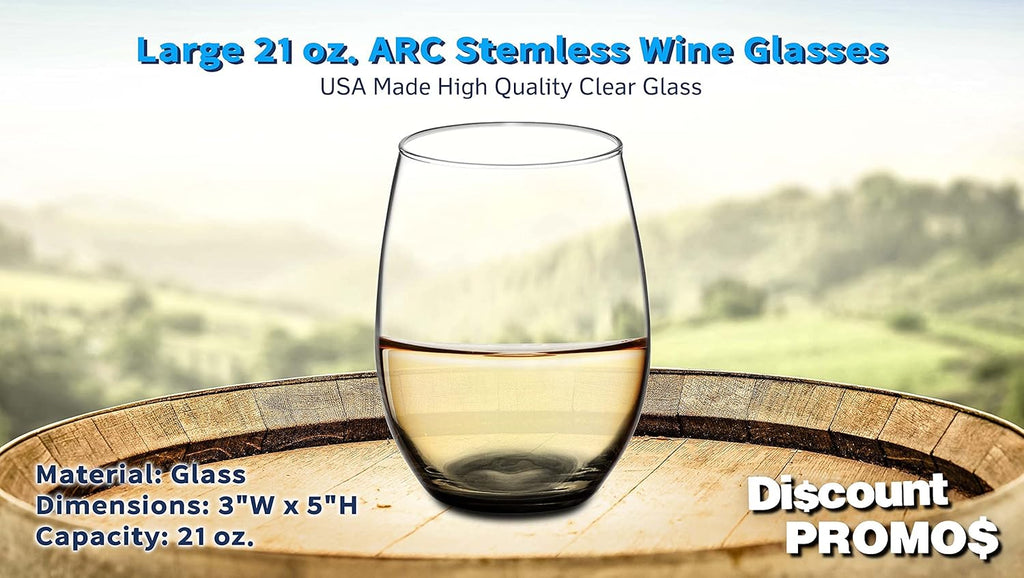DISCOUNT PROMOS 10 ARC Stemless Wine Glasses Set, 21 oz. - Chardonnay, Cabernet, Merlot, Sauvignon - Black