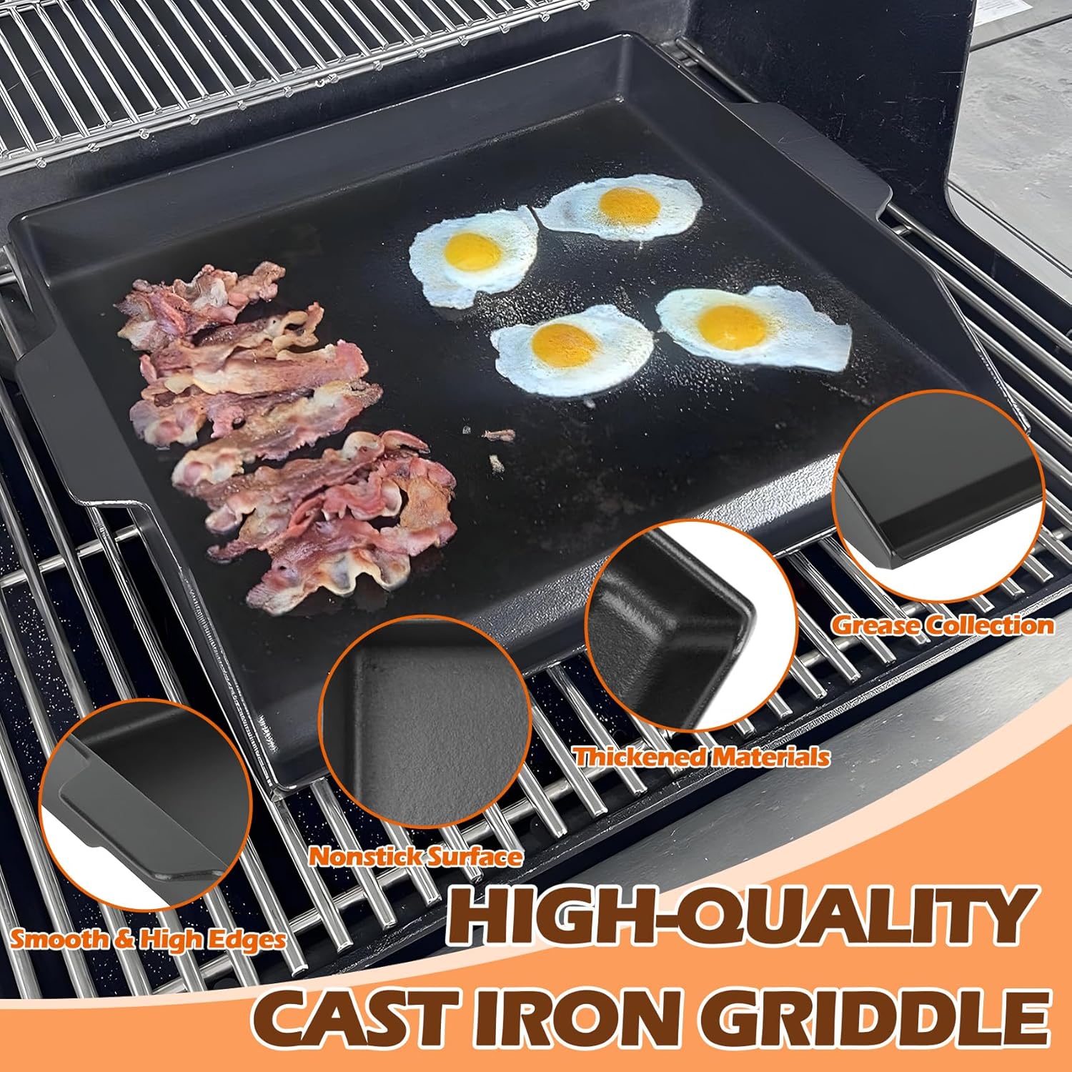 Universal Cast Iron Griddle 18.6" x 14", Pre-Seasoned Nonstick Flat Top Grill Griddle Plate for Outdoor Gas Grill/Charcoal Grill/Stove Top with Extra High Sidewall & Grease Groove, for Camping