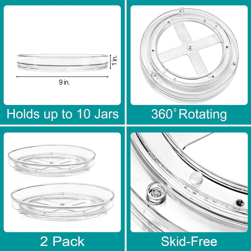 Sorbus 9 Inch Clear Lazy Susan Organizer Set, 2 Flat Turntable Organizer for Spice Organization for Cabinet, One 2 Tier Lazy Susan for Kitchen, Home, Office, Closet, Laundry Room Organization