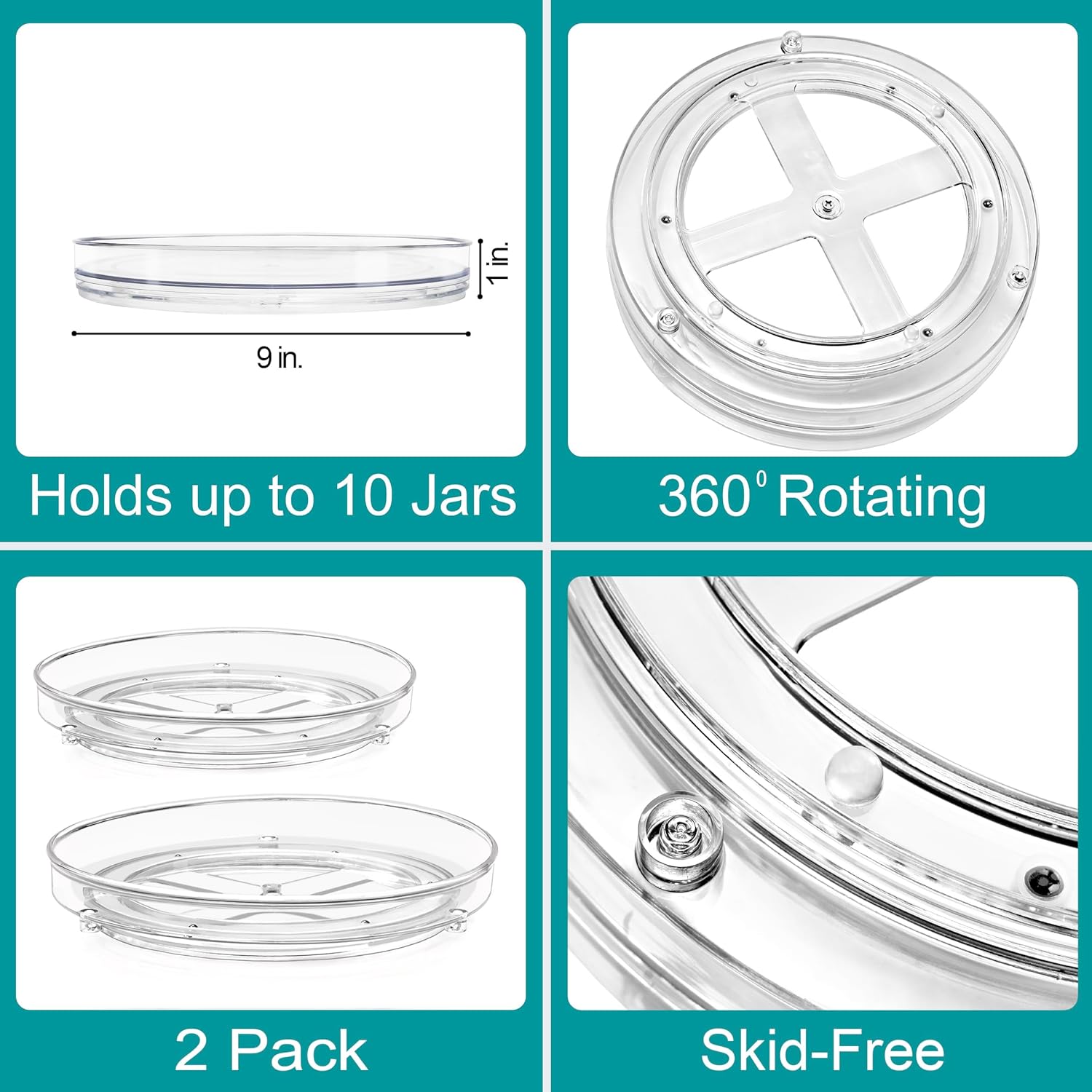Sorbus 9 Inch Clear Lazy Susan Organizer Set, 2 Flat Turntable Organizer for Spice Organization for Cabinet, One 2 Tier Lazy Susan for Kitchen, Home, Office, Closet, Laundry Room Organization